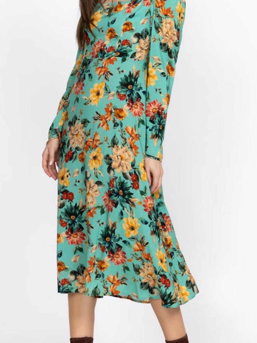 Johnny Was Shades 4 Floral Rayon Dress Women's Large Turquoise Puff Sleeve
